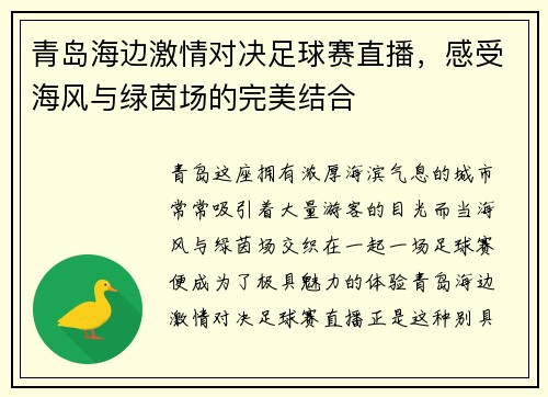 青岛海边激情对决足球赛直播，感受海风与绿茵场的完美结合
